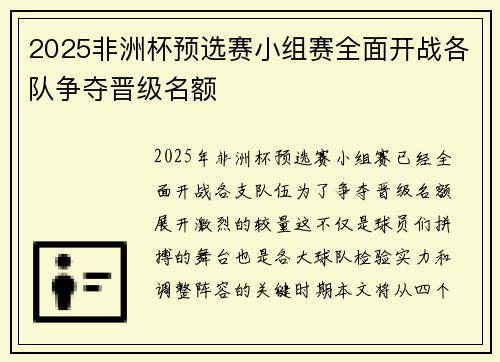 2025非洲杯预选赛小组赛全面开战各队争夺晋级名额